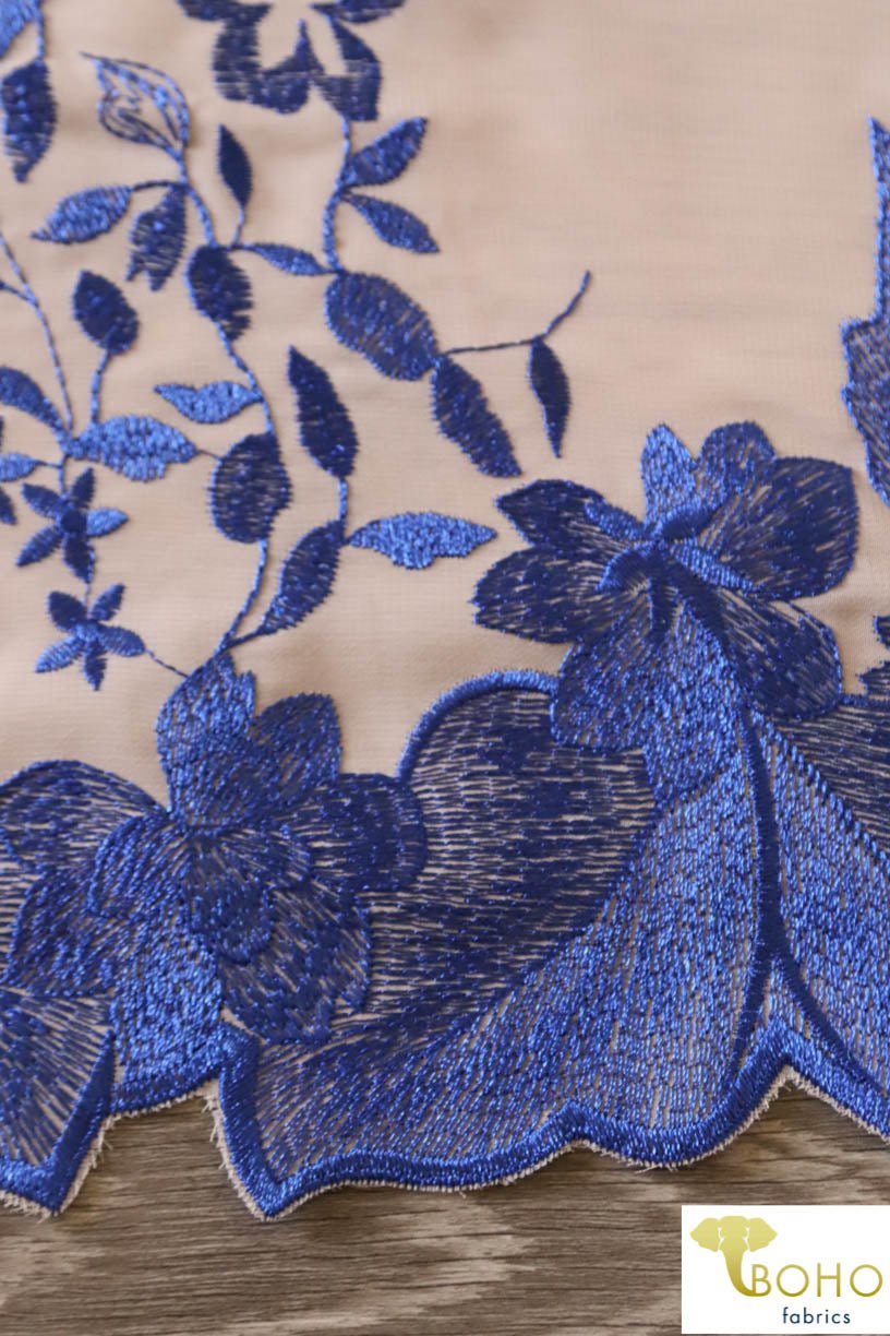 Special Occasion: Woven Blue Double Border Floral Scalloped Edge Embroidery on Nude - Boho Fabrics