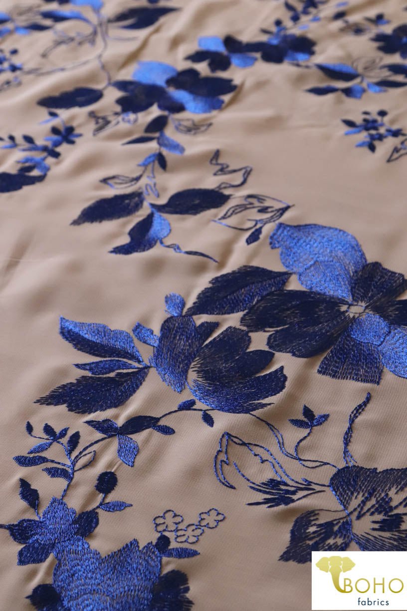 Special Occasion: Woven Blue Double Border Floral Scalloped Edge Embroidery on Nude - Boho Fabrics
