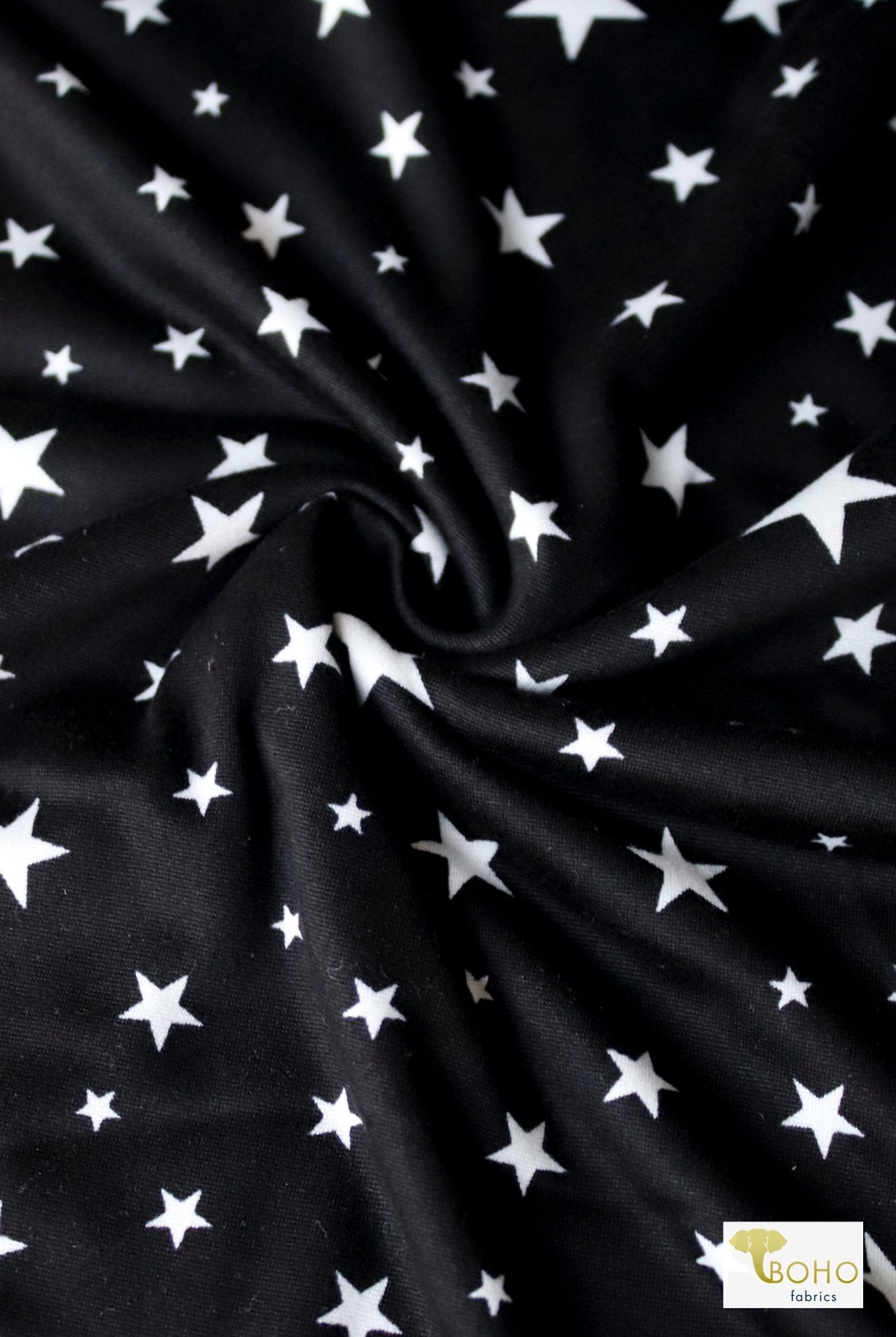 Stars on Black, Brushed Poly Print. - Boho Fabrics