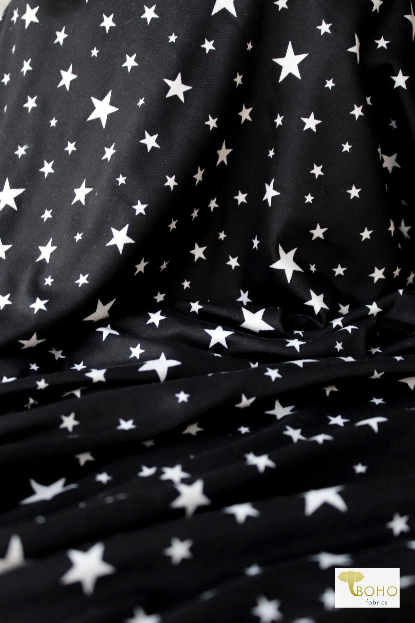 Stars on Black, Brushed Poly Print. - Boho Fabrics