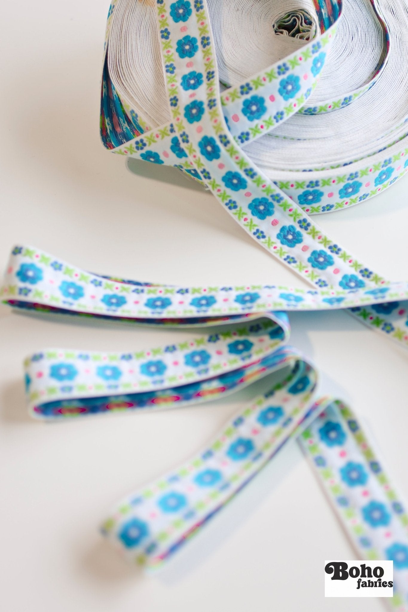Stitchwork Blooms in Blue & Green, 1 5/16" Vintage Jacquard Woven Trim TRIM - 033 - Boho Fabrics - Trims