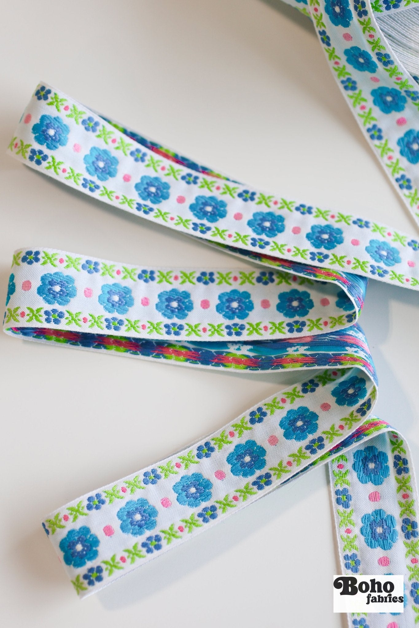 Stitchwork Blooms in Blue & Green, 1 5/16" Vintage Jacquard Woven Trim TRIM - 033 - Boho Fabrics - Trims