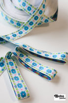 Stitchwork Blooms in Blue & Green, 1 5/16" Vintage Jacquard Woven Trim TRIM - 033 - Boho Fabrics - Trims