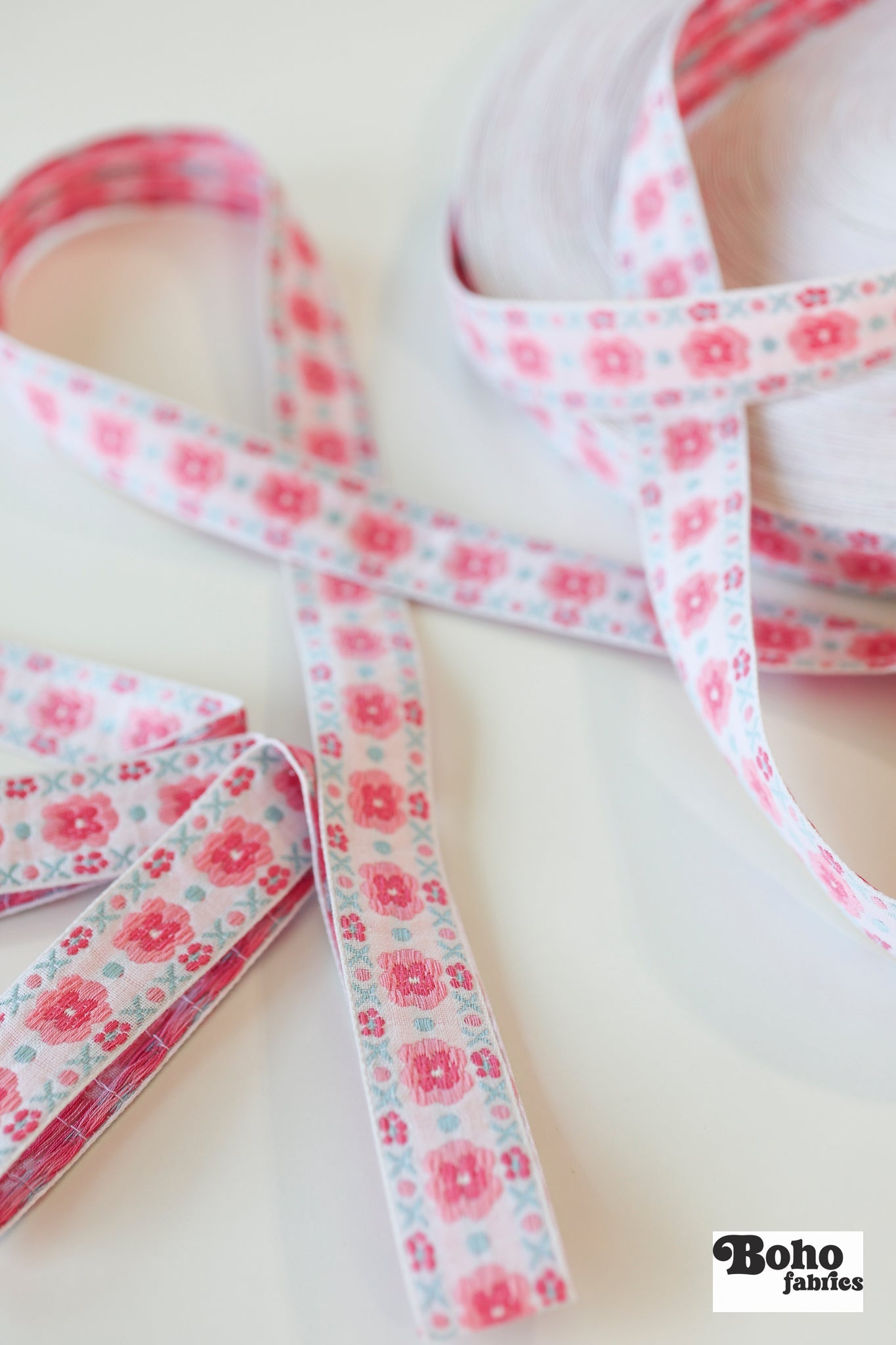 Stitchwork Blooms in Pink, 1" Vintage Jacquard Woven Trim, TRIM - 028 - Boho Fabrics - Trims