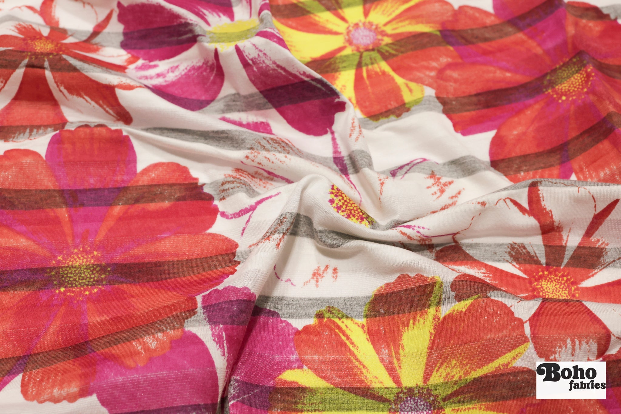 Striped Floral Jersey Knit Fabric - Boho Fabrics - Jersey Knit Printed Fabric