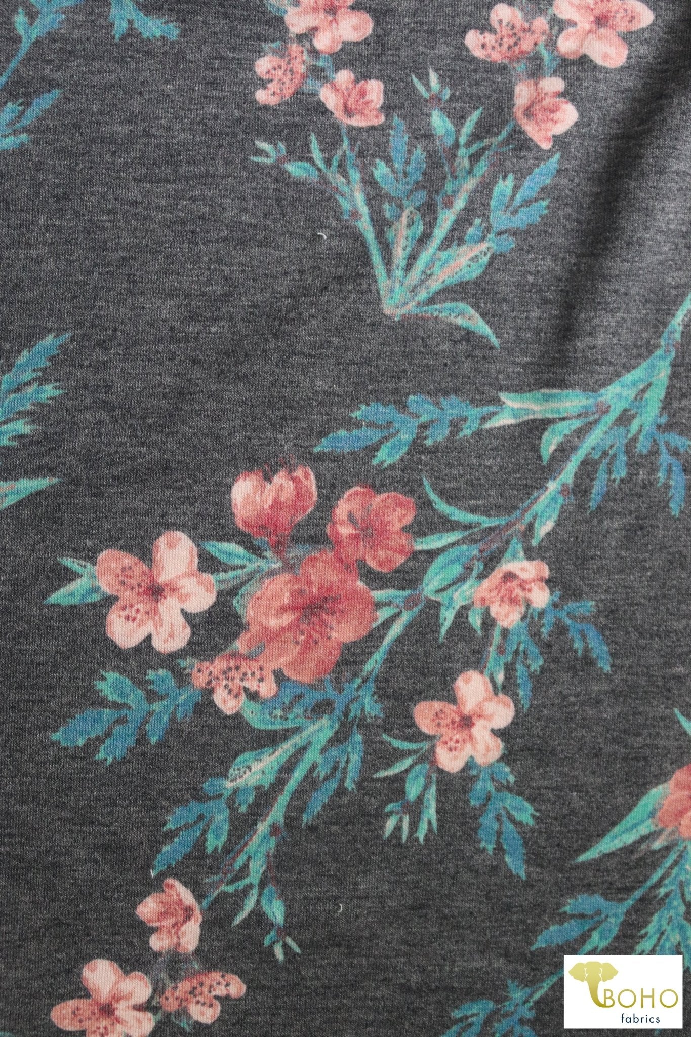 Succulent Garden on Charcoal Gray, French Terry Knit Print. FTP-337 - Boho Fabrics