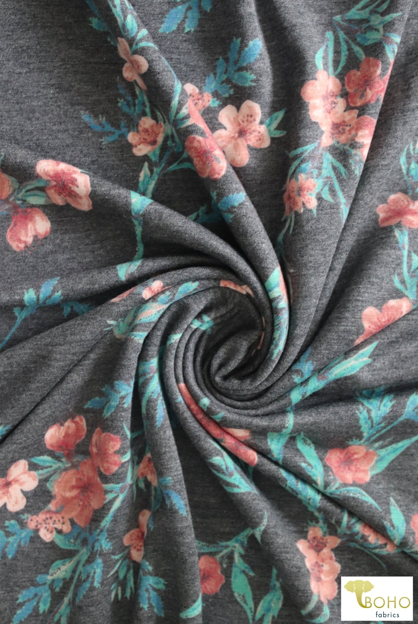 Succulent Garden on Charcoal Gray, French Terry Knit Print. FTP-337 - Boho Fabrics