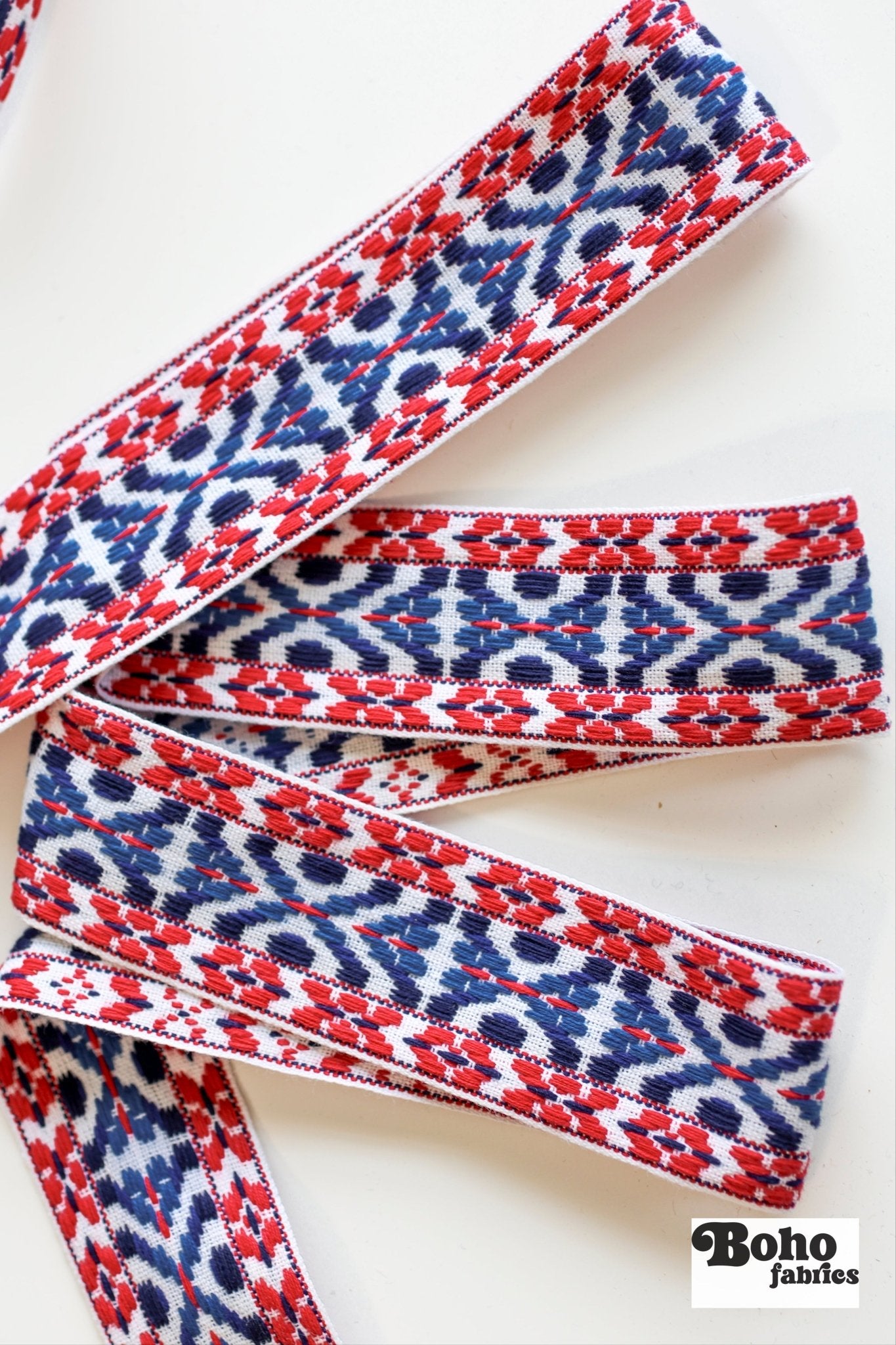 Summitline in Red, White & Blue. 1.625" Jacquard Woven Trim. TRIM - 074 - Boho Fabrics - Trims
