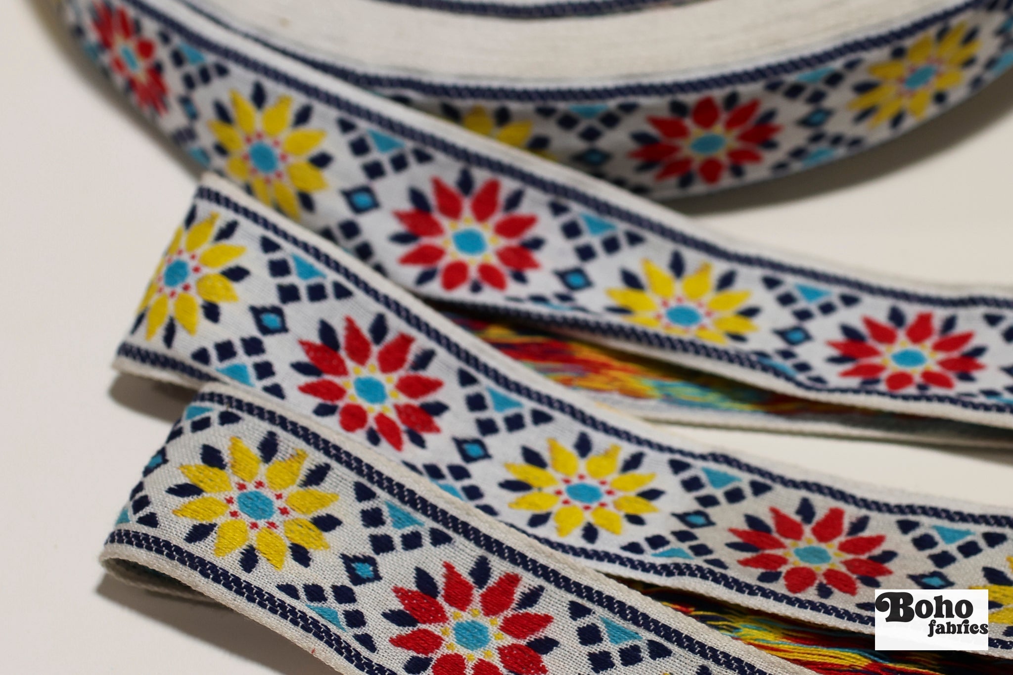 Sunburst Petals in Red/Yellow. Vintage Jacquard Ribbon TRIM - 041 - Boho Fabrics - Trims