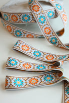 Sunburst Petals in Turquoise & Orange. Vintage Jacquard Ribbon TRIM - 016 - Boho Fabrics - Trims