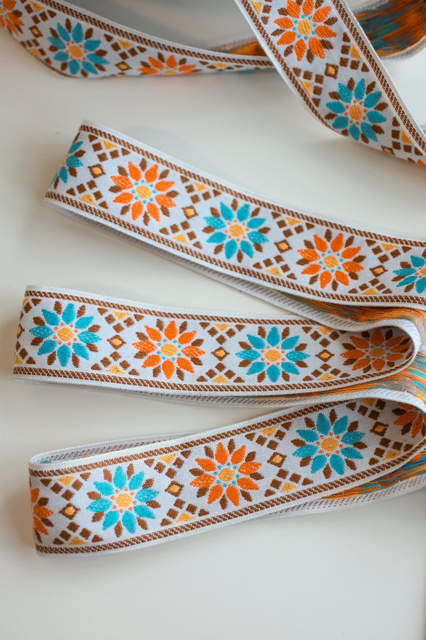 Sunburst Petals in Turquoise & Orange. Vintage Jacquard Ribbon TRIM - 016 - Boho Fabrics - Trims