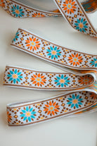 Sunburst Petals in Turquoise & Orange. Vintage Jacquard Ribbon TRIM - 016 - Boho Fabrics - Trims
