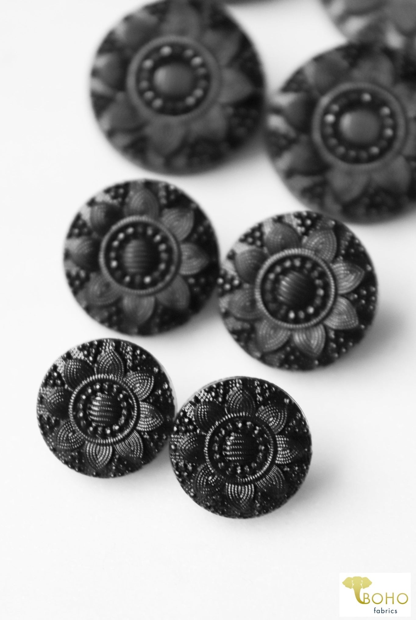 Sunflower Sophisticate, Shank Buttons in Black. Available in 12mm, 15mm, 23mm - Boho Fabrics