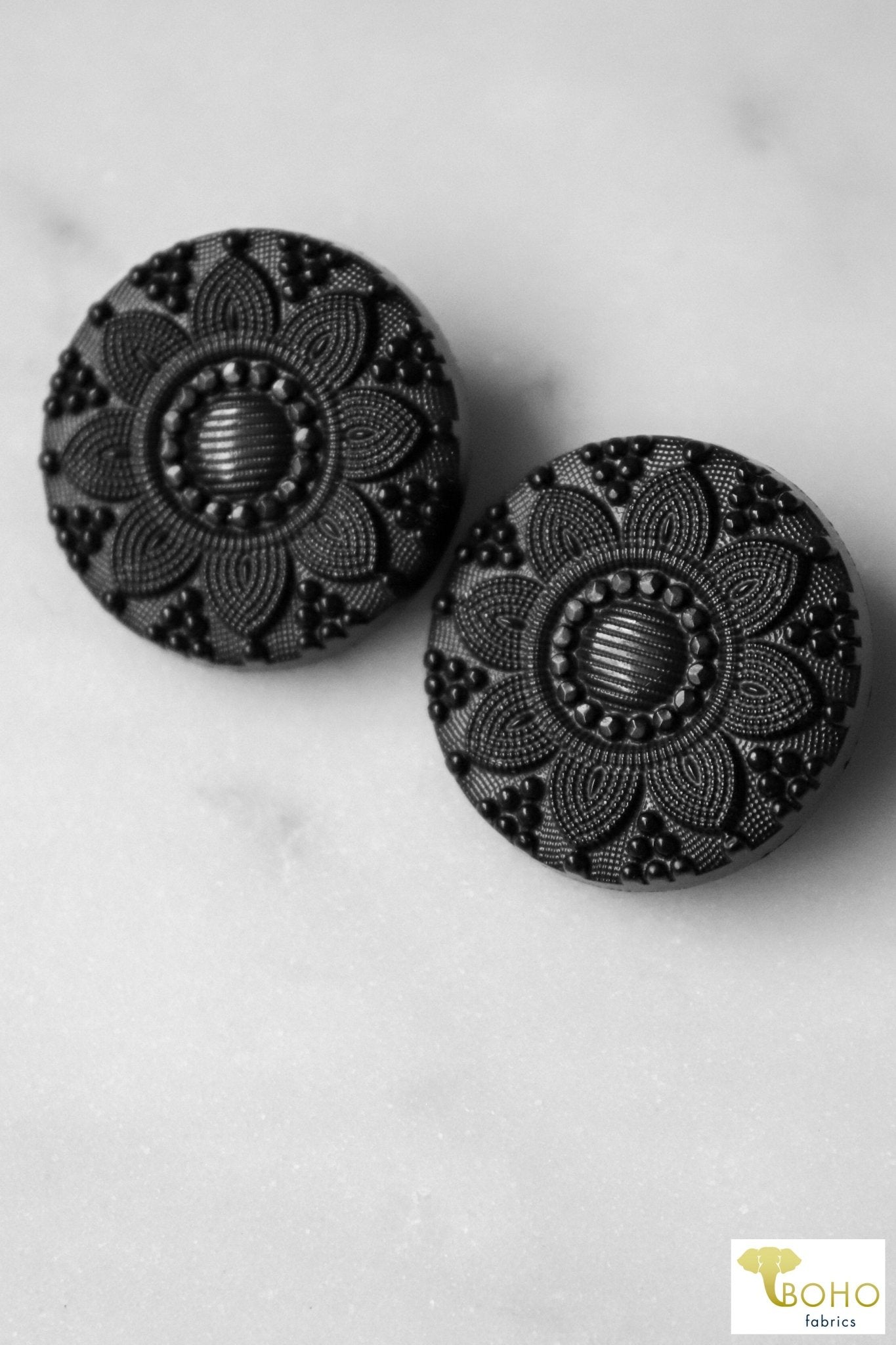 Sunflower Sophisticate, Shank Buttons in Black. Available in 12mm, 15mm, 23mm - Boho Fabrics