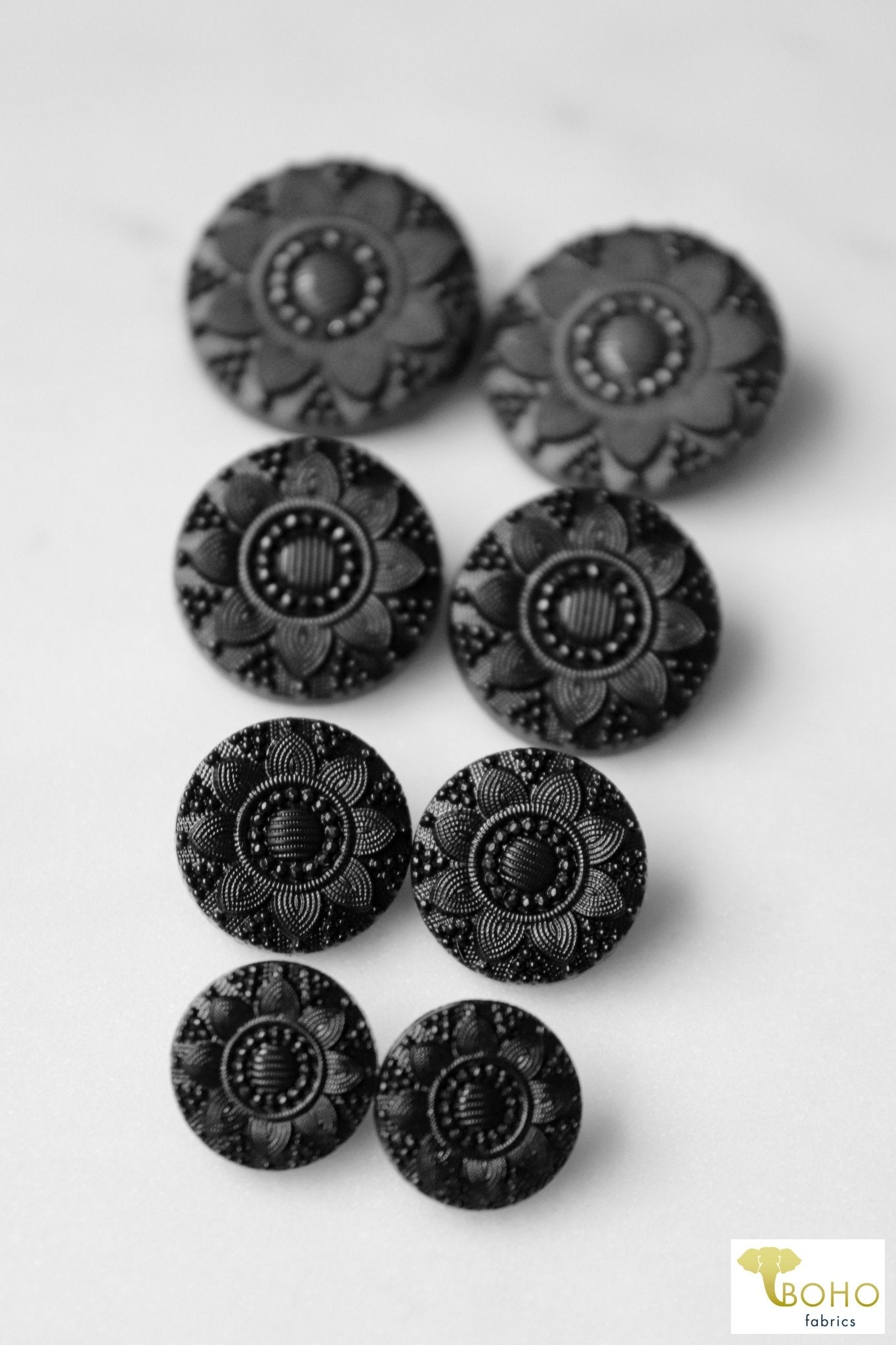 Sunflower Sophisticate, Shank Buttons in Black. Available in 12mm, 15mm, 23mm - Boho Fabrics