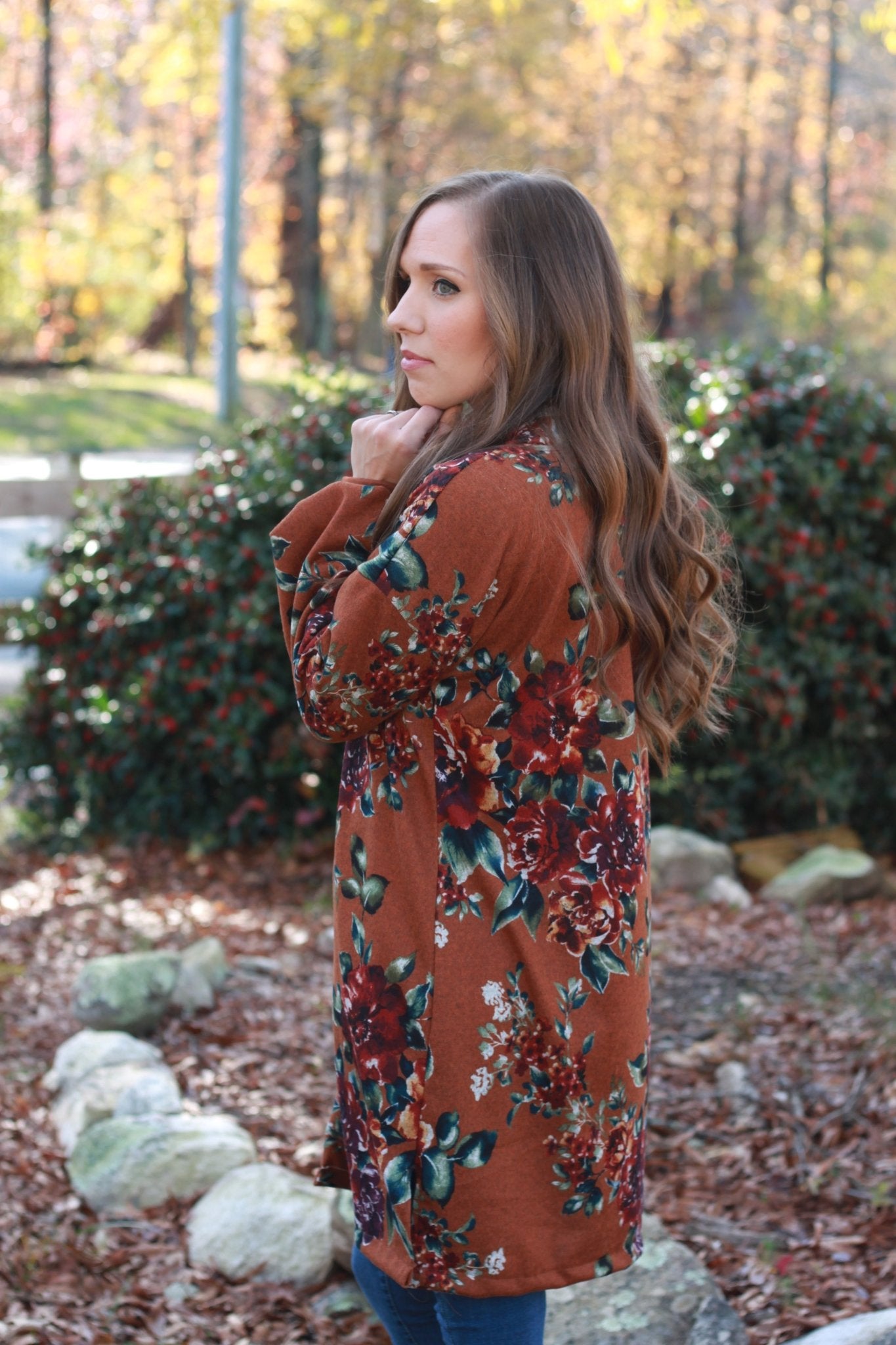 Sunset Floral Bouquet on Rust. Printed Sweater Knit. SWTR-129 - Boho Fabrics