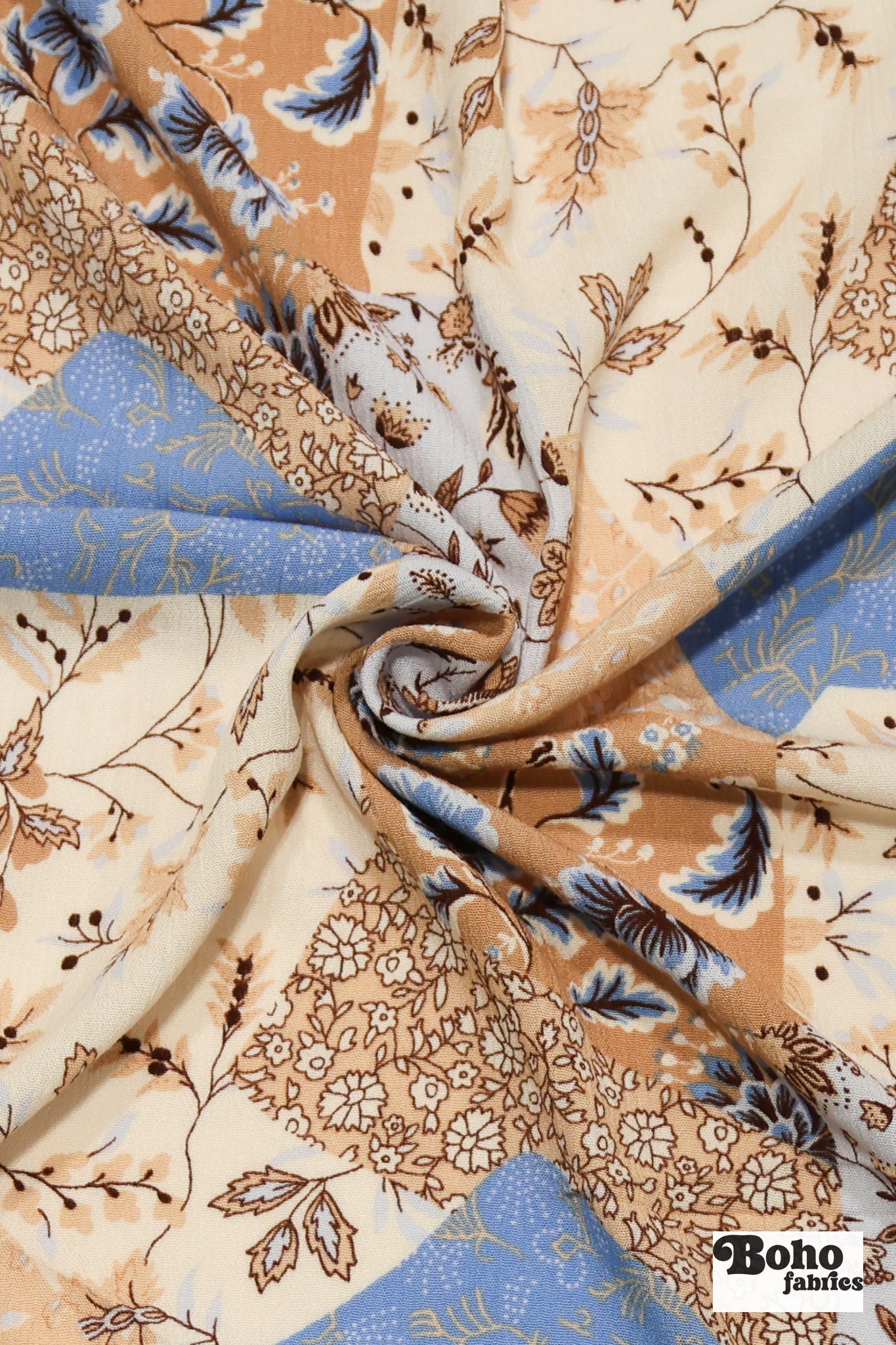 Tan, Blue, and Cream Botanical Patchwork Rayon Crepe Woven Fabric - Boho Fabrics - Crepe, Woven