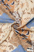 Tan, Blue, and Cream Botanical Patchwork Rayon Crepe Woven Fabric - Boho Fabrics - Crepe, Woven