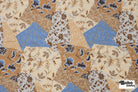 Tan, Blue, and Cream Botanical Patchwork Rayon Crepe Woven Fabric - Boho Fabrics - Crepe, Woven
