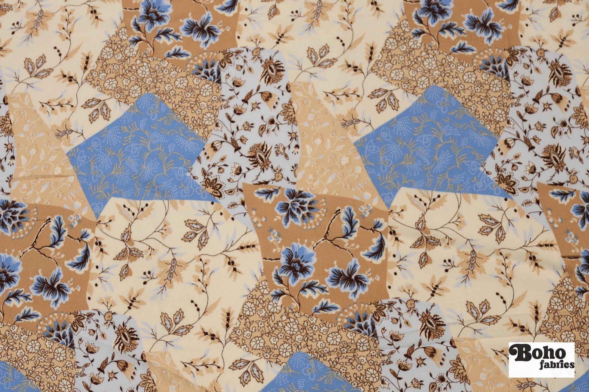 Tan, Blue, and Cream Botanical Patchwork Rayon Crepe Woven Fabric - Boho Fabrics - Crepe, Woven