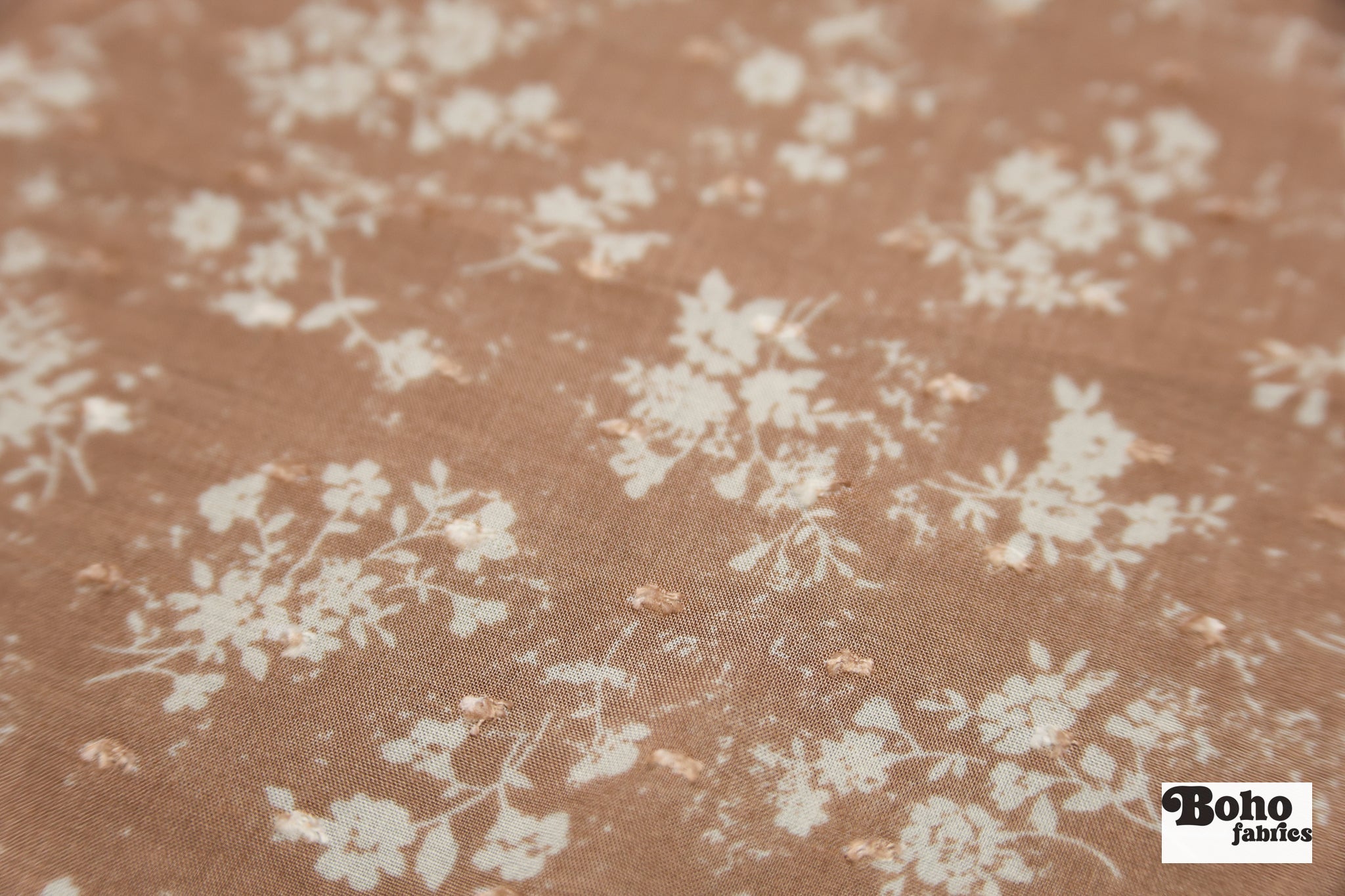 Tan with White Florals Swiss Dot Woven Fabric - Boho Fabrics - Woven Fabric