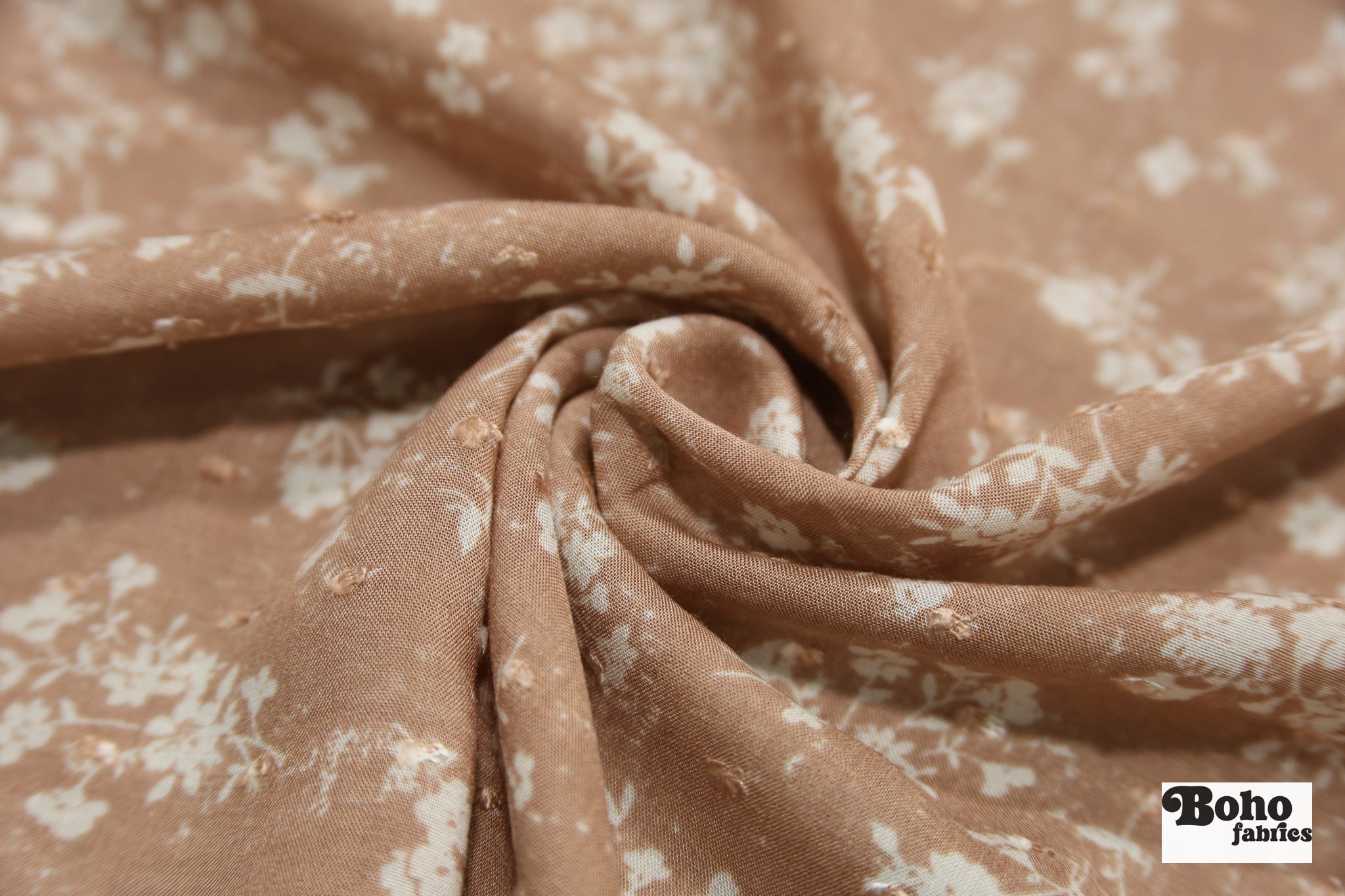 Tan with White Florals Swiss Dot Woven Fabric - Boho Fabrics - Woven Fabric