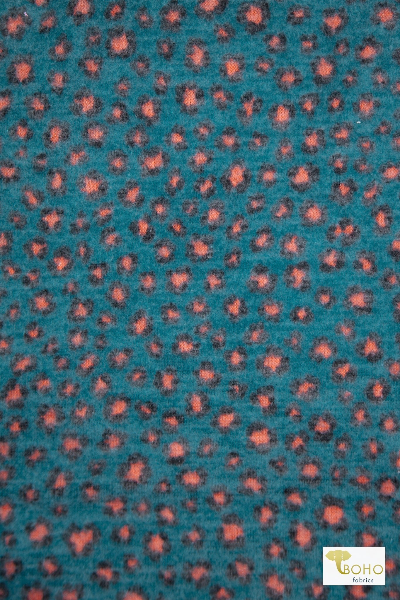 Teal Cheetah, Printed Brushed Sweater Knit Fabric - Boho Fabrics - Sweater Prints, Knit Fabric