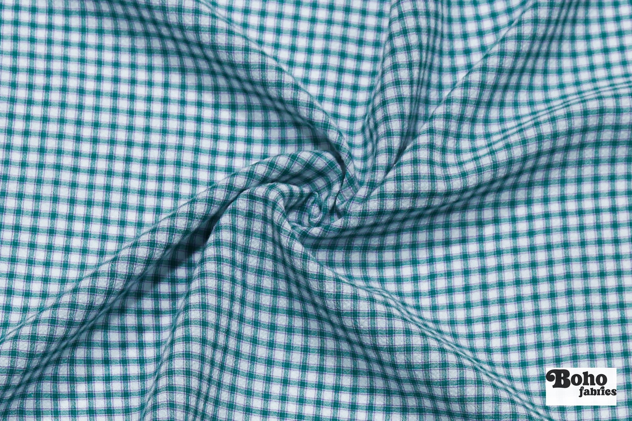 Teal, Purple & White Mini Gingham Crinkled Cotton Woven Fabric - Boho Fabrics - Shirting, Woven