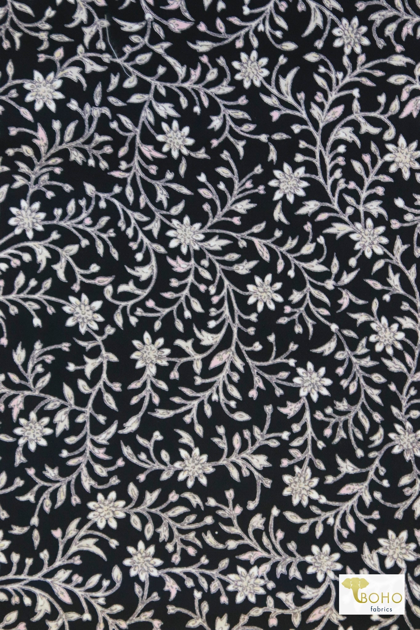 Topiary Blooms, Light Pink Print on Black, Twill Woven Fabric - Boho Fabrics - Twill, Woven