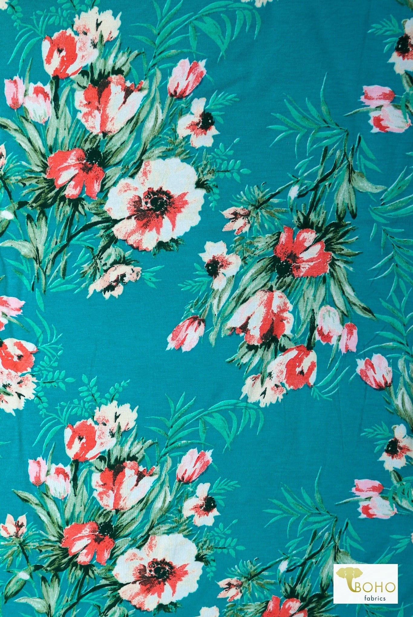 Turquoise Floral Delight, Rayon Spandex Knit - Boho Fabrics