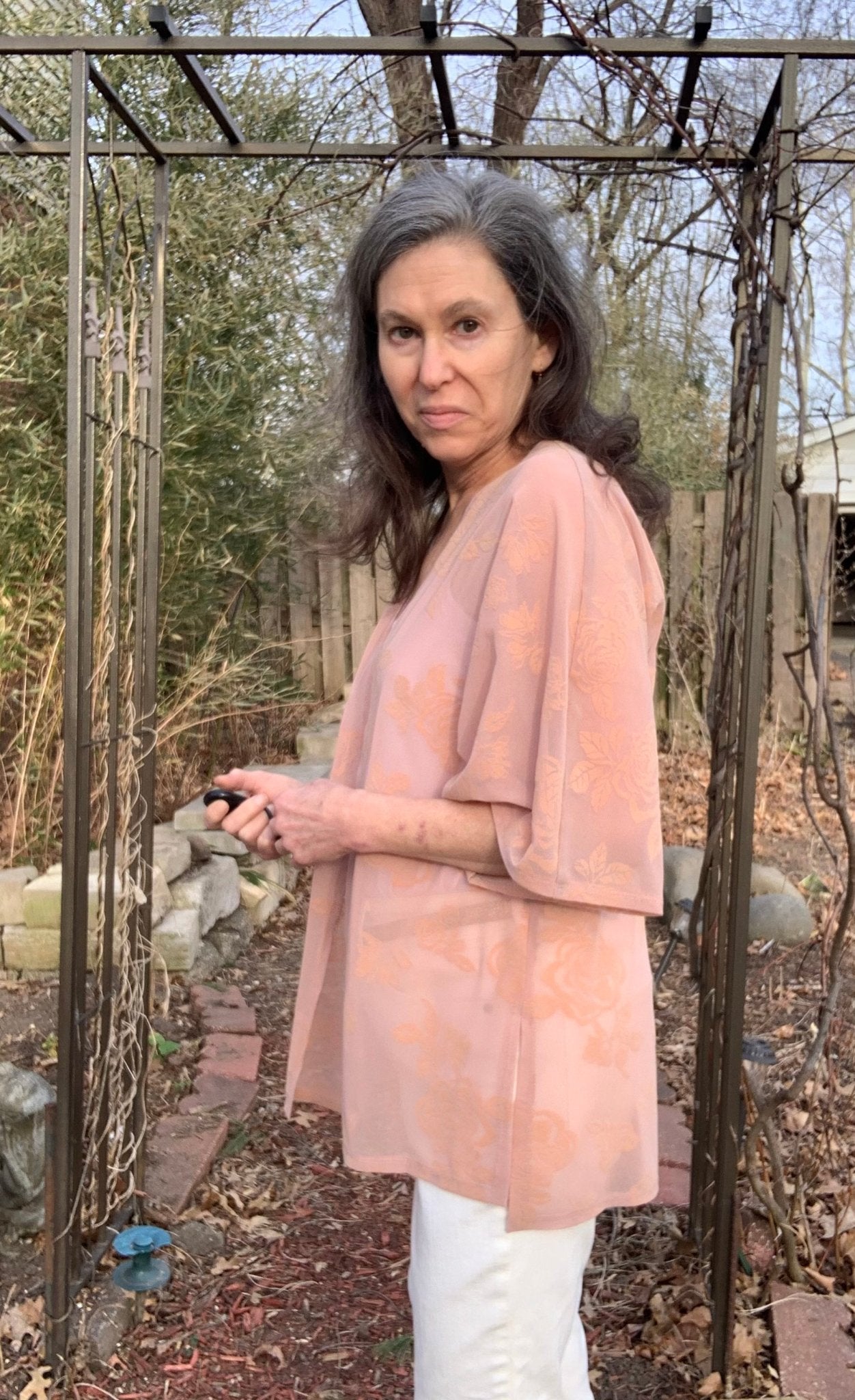 Velvet Roses on Peachy Pink. Flocked Power Mesh. SM-104. - Boho Fabrics