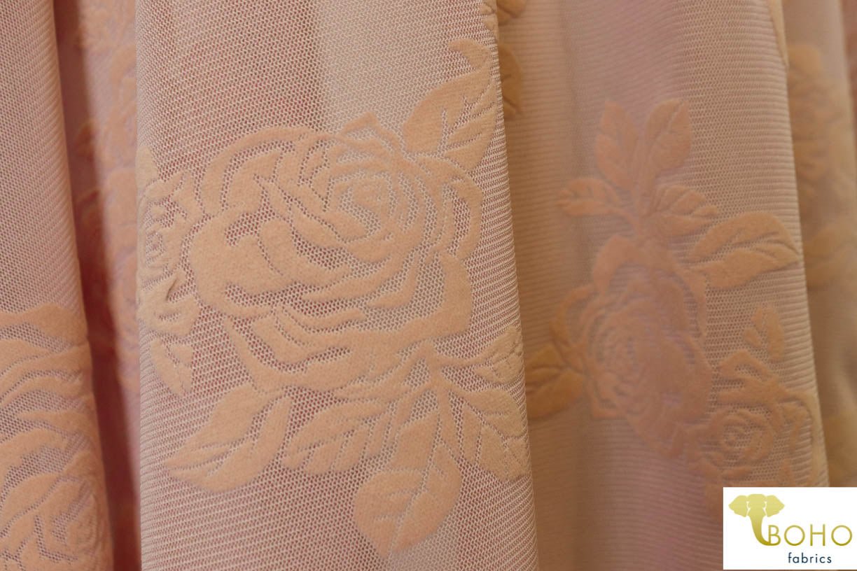 Velvet Roses on Peachy Pink. Flocked Power Mesh. SM-104. - Boho Fabrics