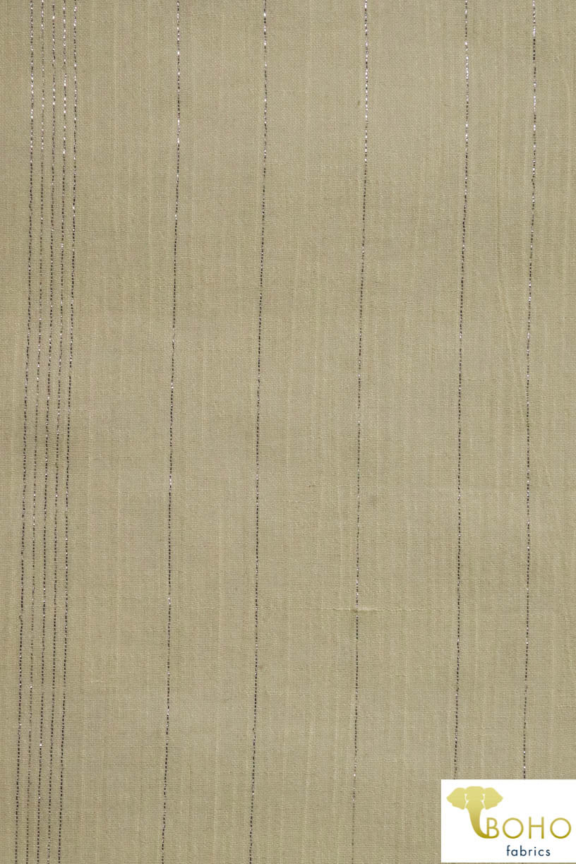 Vertical Metallic Silver Stripes on Dandelion Yellow. Crinkle Gauze Cotton Woven Fabric. WV-109-YELL. - Boho Fabrics