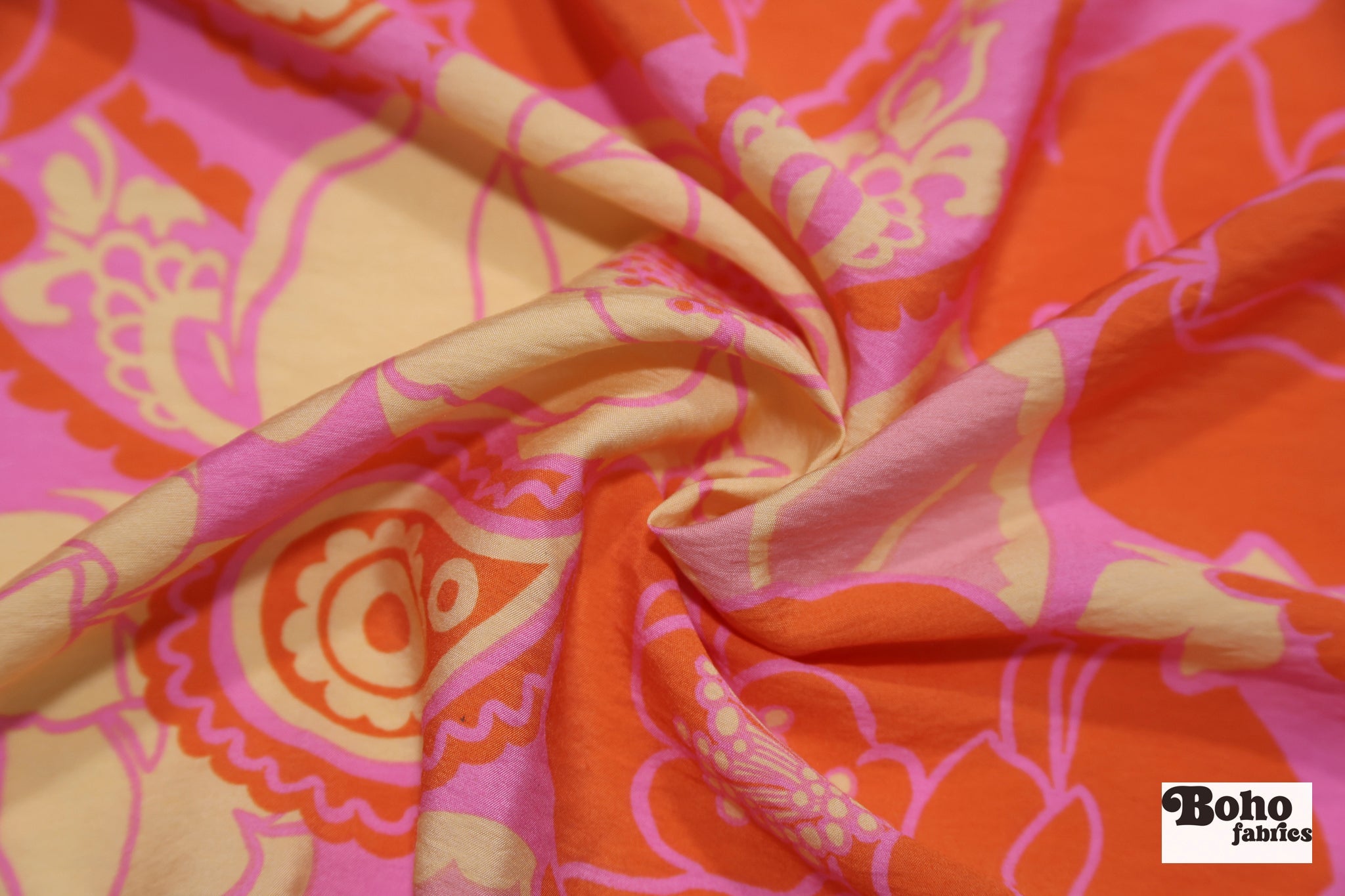 Vibrant Pink, Orange, and Beige Retro Floral Paisley Challis Woven Fabric - Boho Fabrics - Challis, Woven