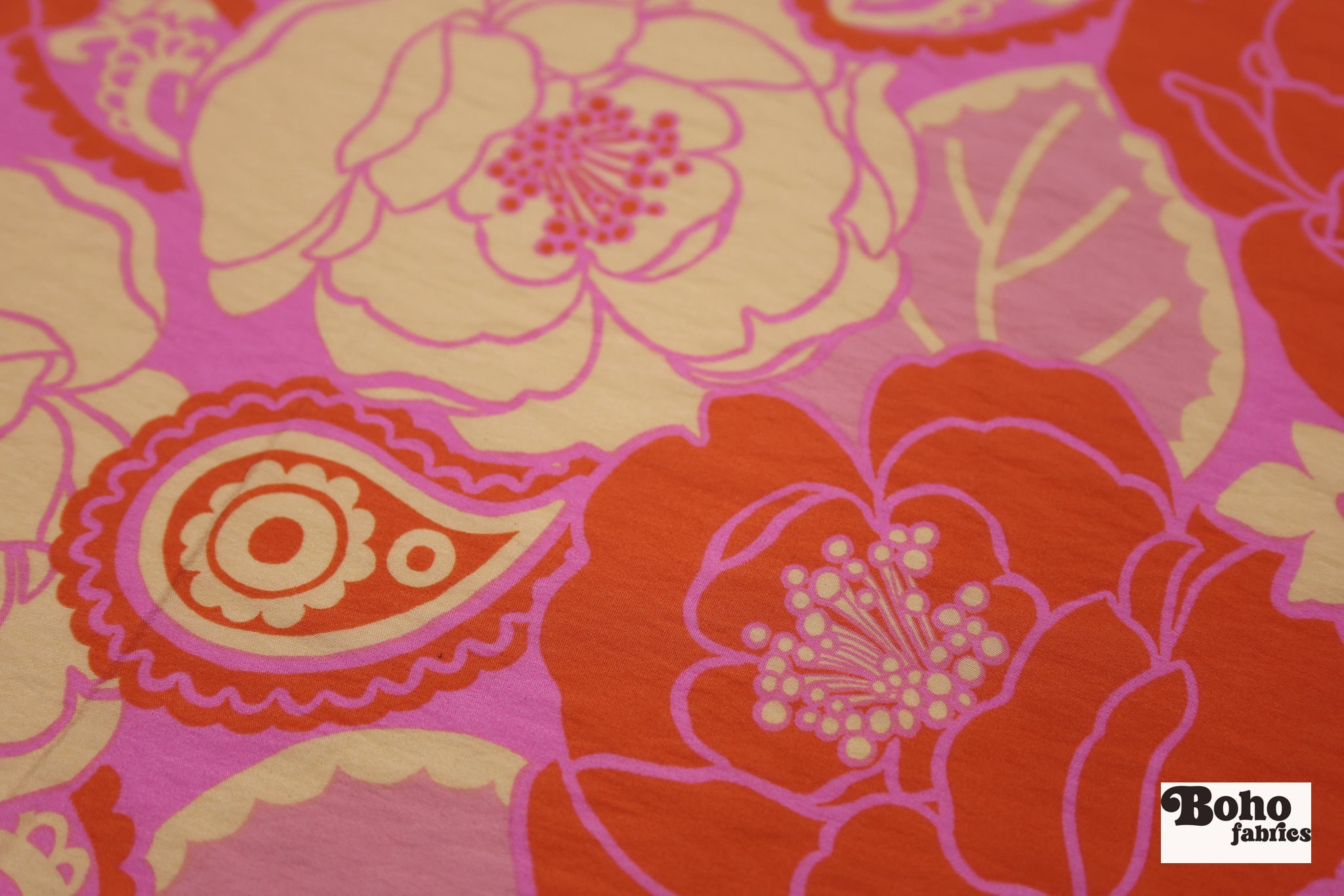 Vibrant Pink, Orange, and Beige Retro Floral Paisley Challis Woven Fabric - Boho Fabrics - Challis, Woven