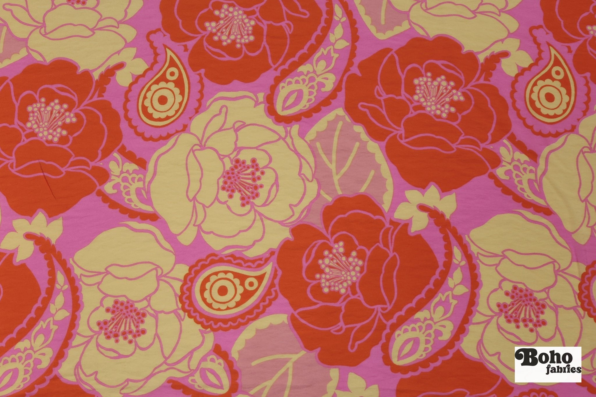 Vibrant Pink, Orange, and Beige Retro Floral Paisley Challis Woven Fabric - Boho Fabrics - Challis, Woven