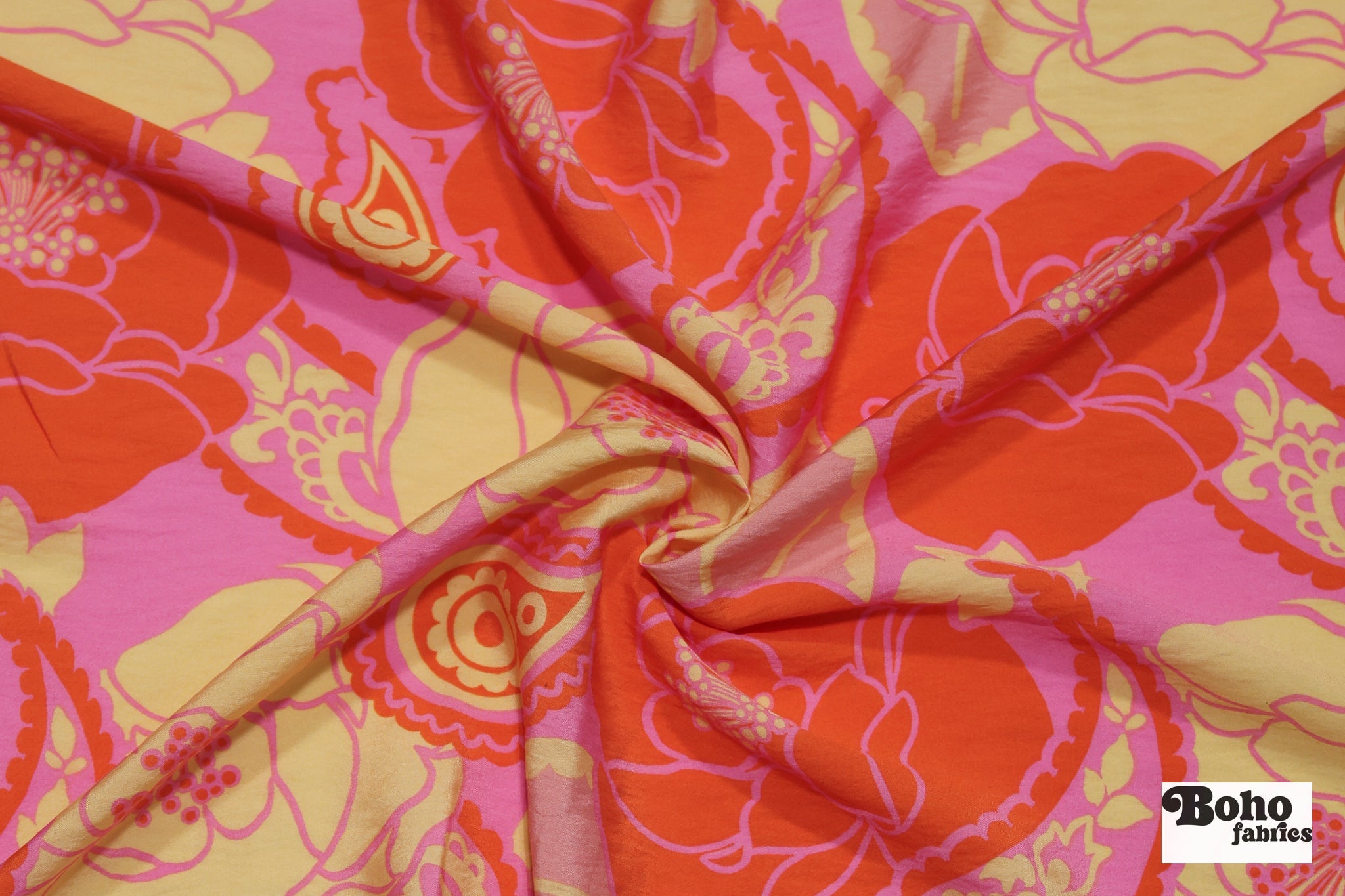 Vibrant Pink, Orange, and Beige Retro Floral Paisley Challis Woven Fabric - Boho Fabrics - Challis, Woven