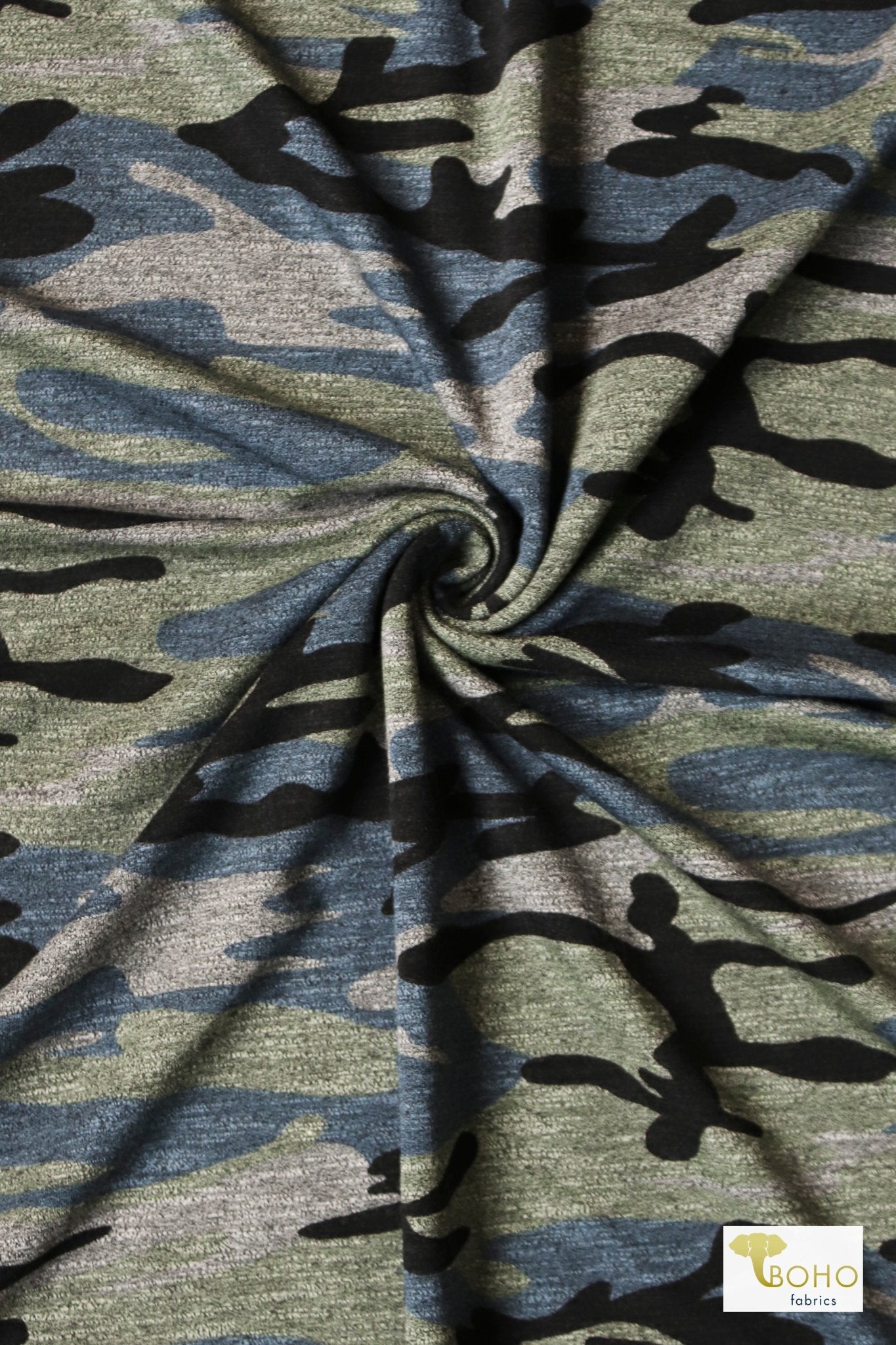 Vintage Blue Camo, Cotton French Terry Knit - Boho Fabrics