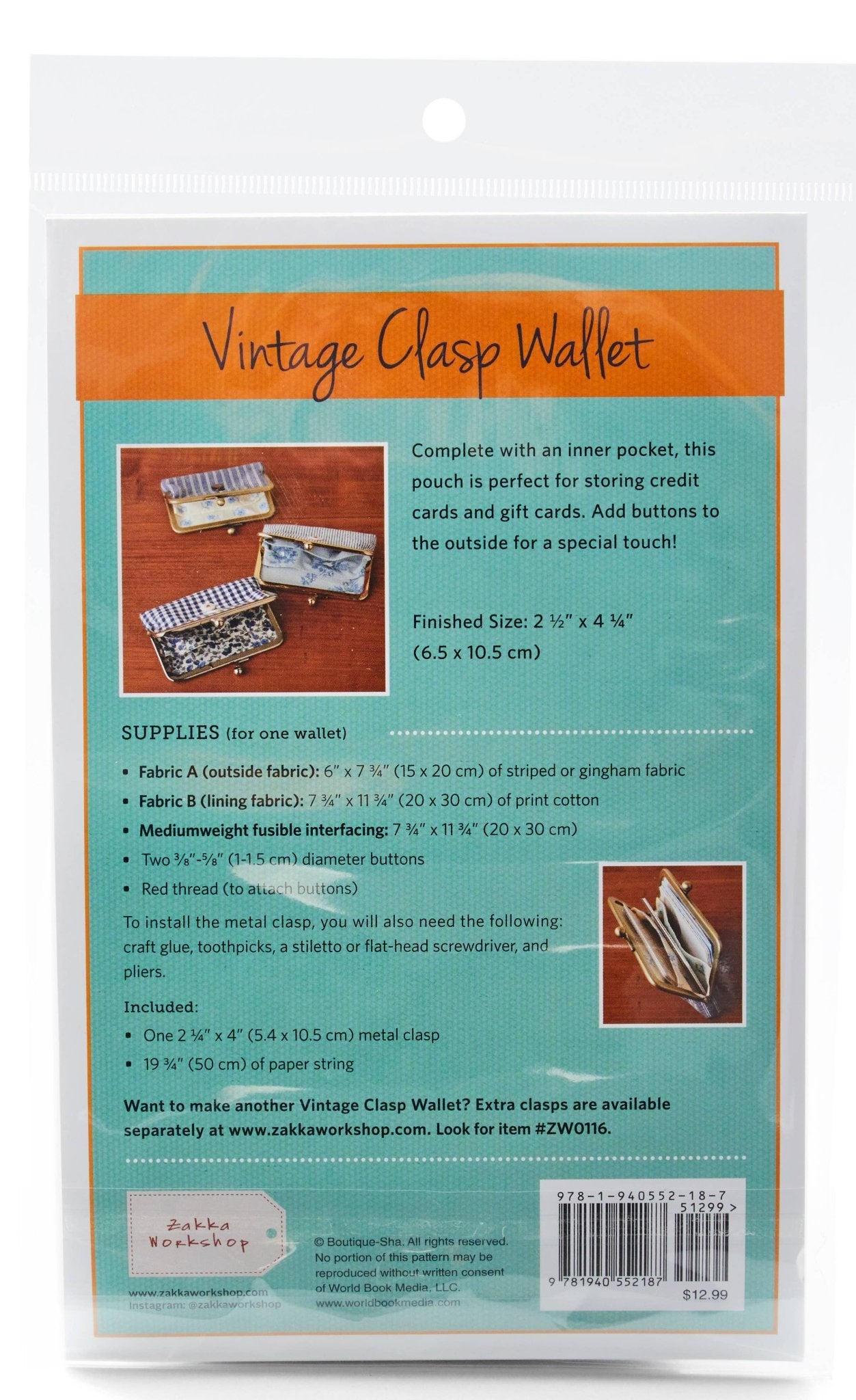 Vintage Clasp Wallet with Rose Gold Clasp, Sewing Pattern with Hardware - Boho Fabrics - Sewing Patterns