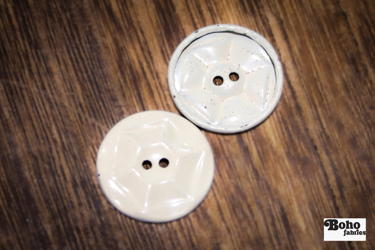 Vintage Cream Painted Metal Hexagon 2-Hole 1" Buttons. Set of 6 - Boho Fabrics - Buttons & Snaps