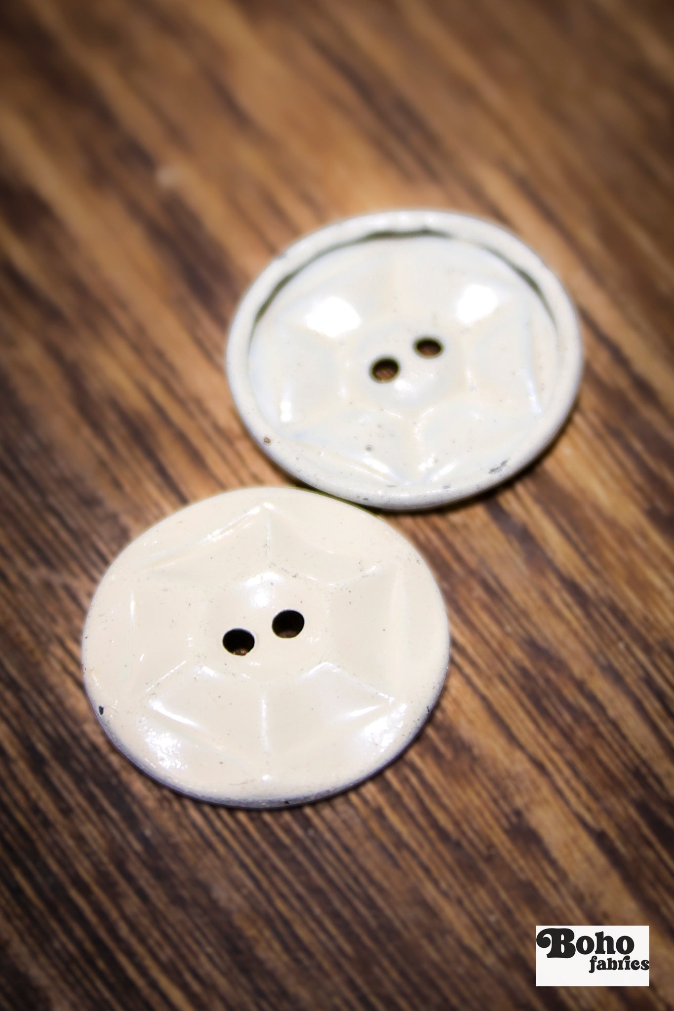 Vintage Cream Painted Metal Hexagon 2-Hole 1" Buttons. Set of 6 - Boho Fabrics - Buttons & Snaps