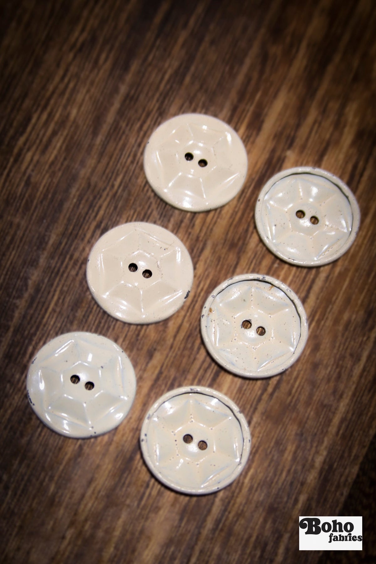 Vintage Cream Painted Metal Hexagon 2-Hole 1" Buttons. Set of 6 - Boho Fabrics - Buttons & Snaps