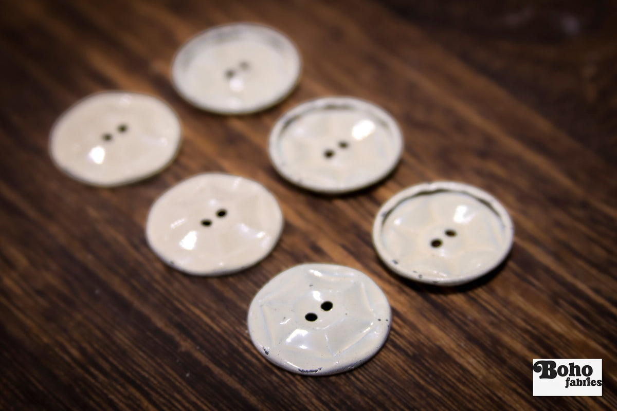 Vintage Cream Painted Metal Hexagon 2-Hole 1" Buttons. Set of 6 - Boho Fabrics - Buttons & Snaps