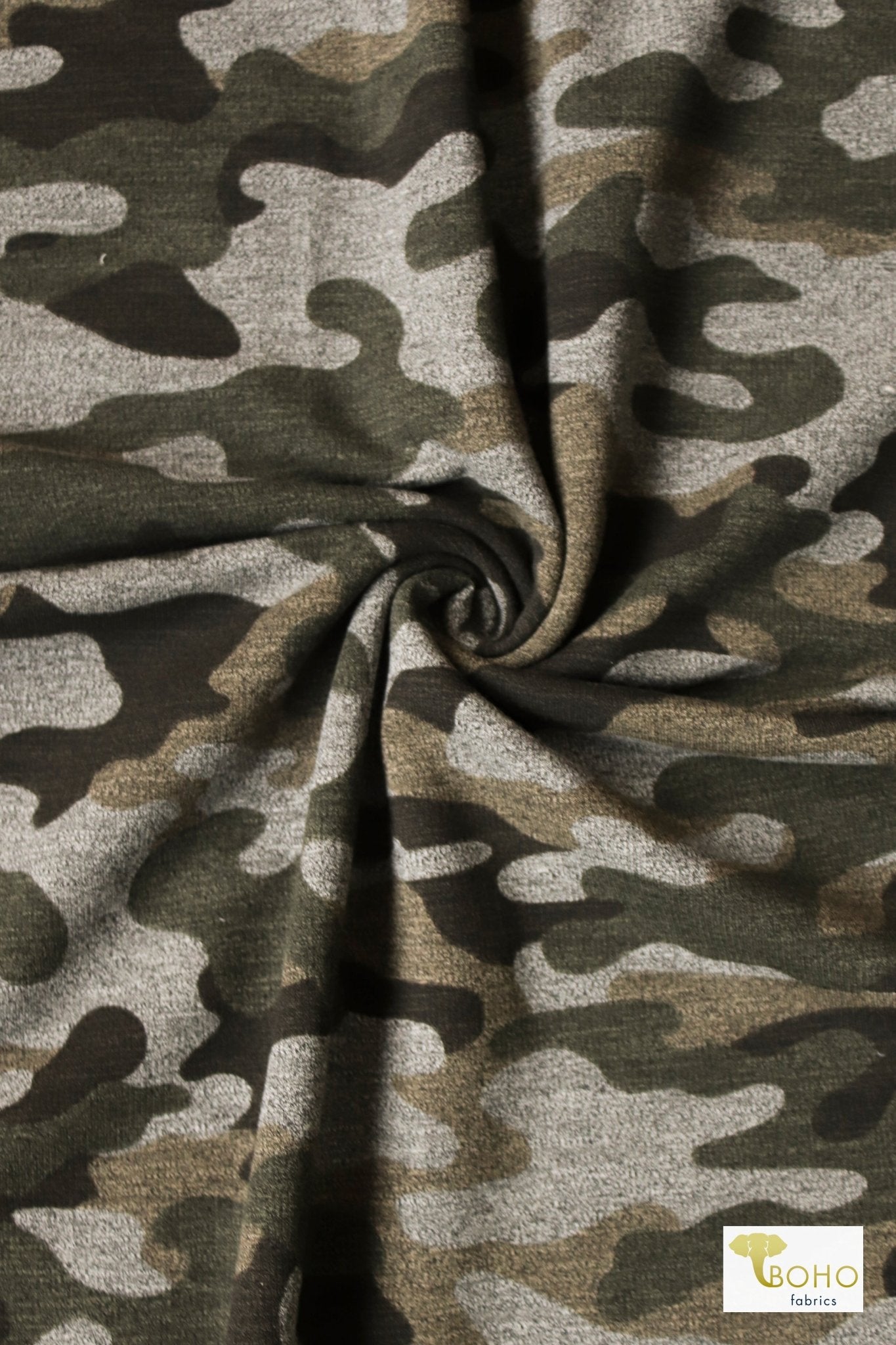 Vintage Green Camo, Cotton French Terry Knit - Boho Fabrics