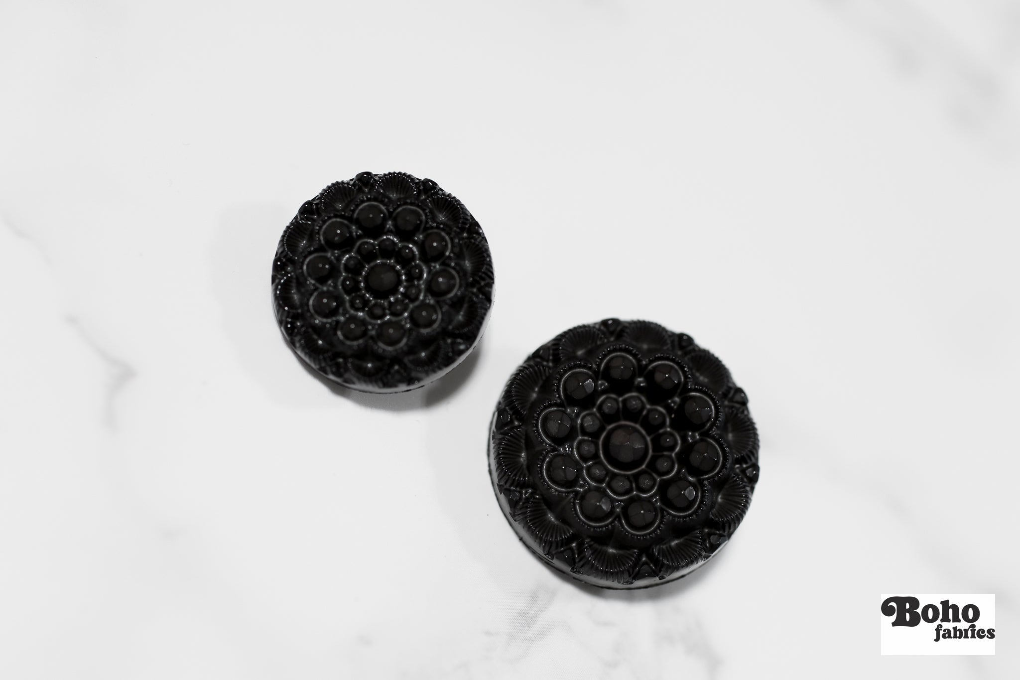 Vintage Inspired Jet Black Rosette Button. Available in 25mm (40L) - Boho Fabrics - Buttons & Snaps