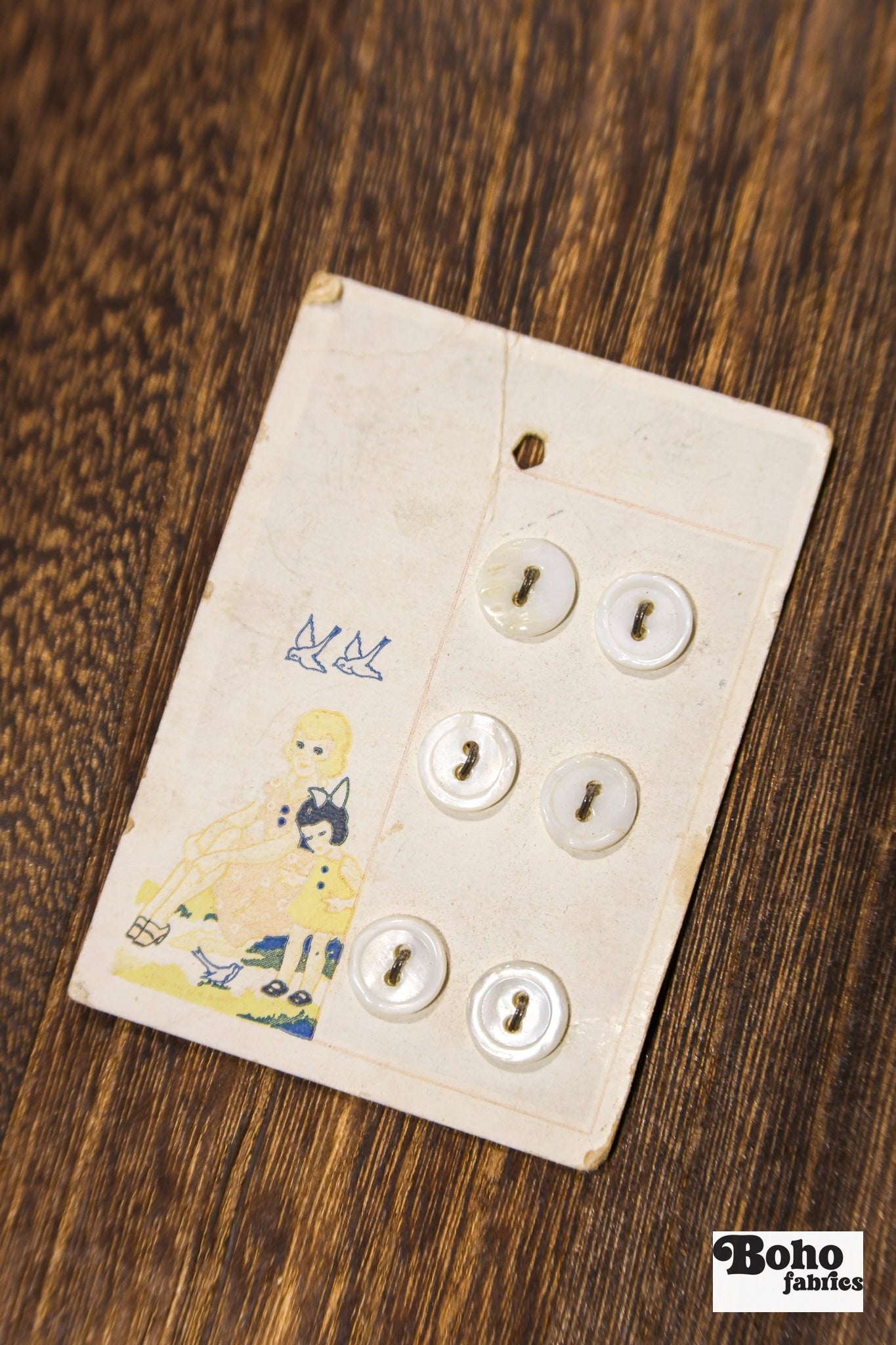 Vintage Mother of Pearl Button Card — 10mm Small White Buttons, Set of 6, Illustrated Mother & Daughter Card - Boho Fabrics - Buttons & Snaps