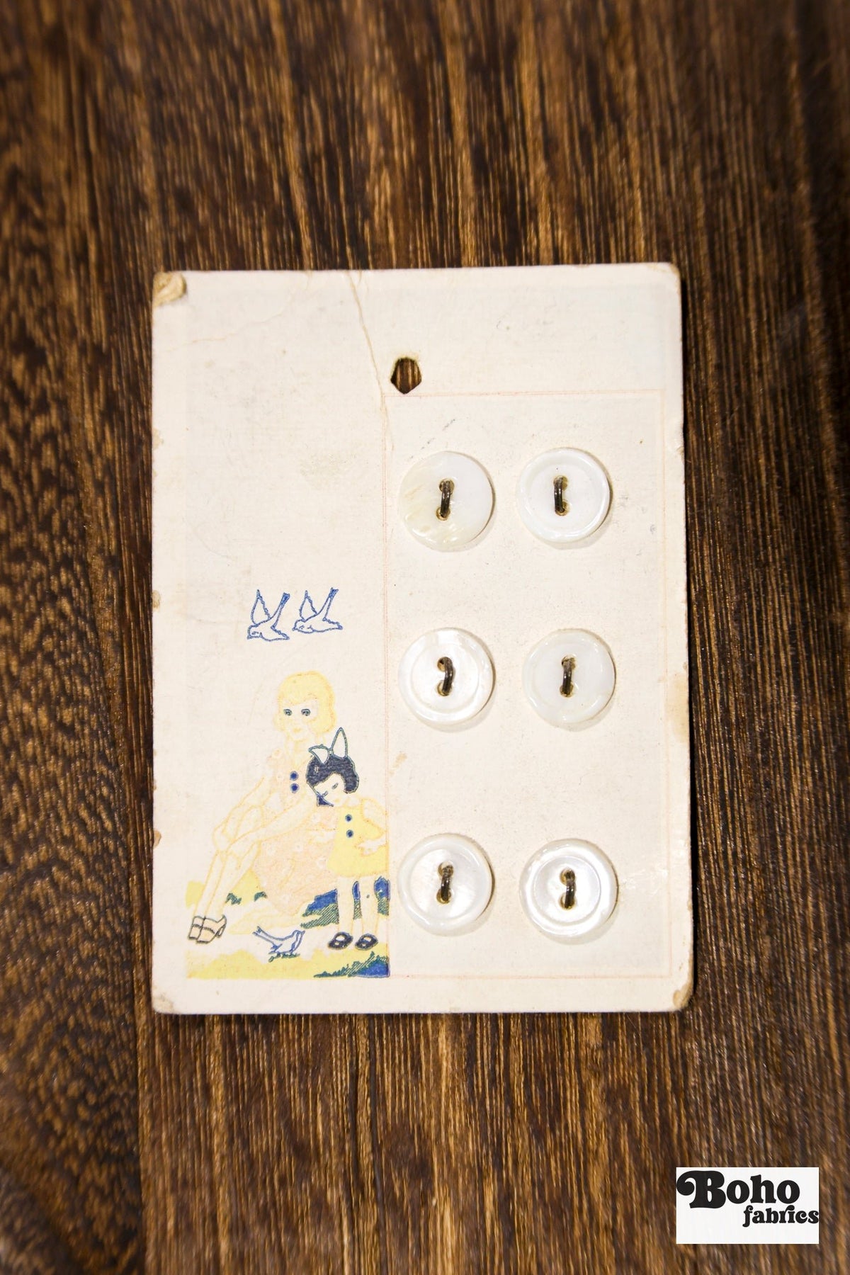 Vintage Mother of Pearl Button Card — 10mm Small White Buttons, Set of 6, Illustrated Mother & Daughter Card - Boho Fabrics - Buttons & Snaps