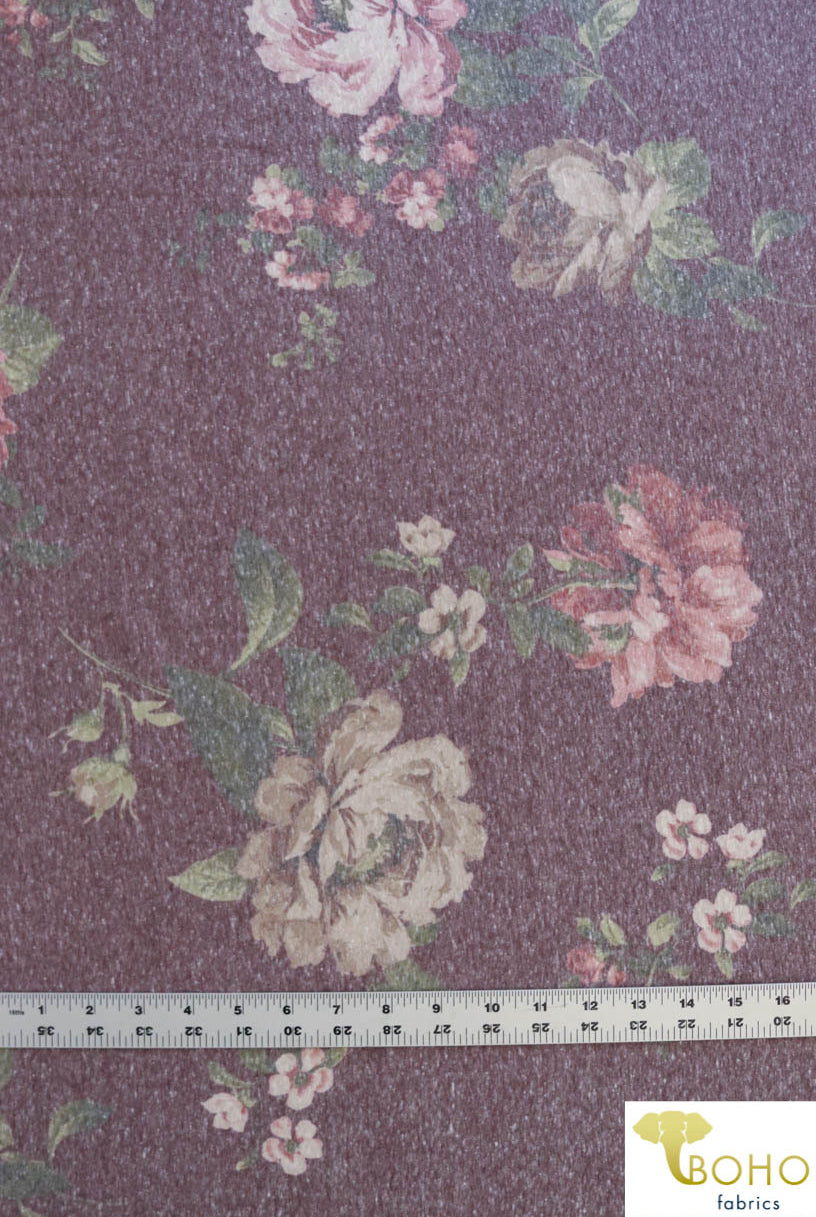 "Vintage Rosebuds" on Deep Tuscan Red. Tri-Blend Jersey Knit. JER-P-103-RED. - Boho Fabrics