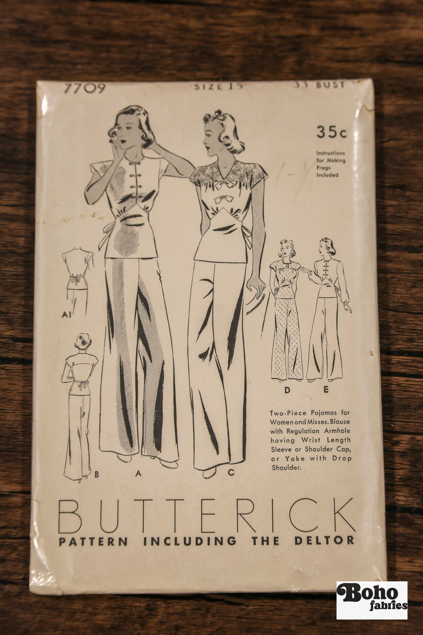 Vintage Sewing Pattern - 1930s - Butterick 7709 - Women's Wide-Leg Two-Piece Lounging Pajamas & Blouse | Bust 33 - Boho Fabrics - Sewing Patterns