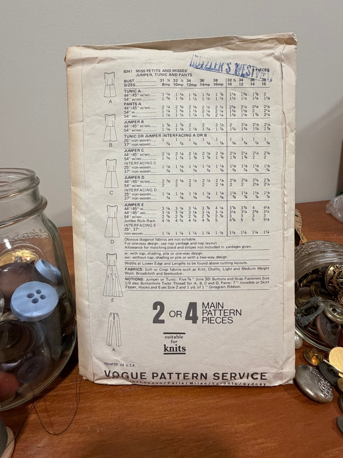 Vogue Sewing Pattern #8341 — Jumper, Tunic & Pants, Size 12, Bust 34, Vintage 1970s - Boho Fabrics - Sewing Patterns